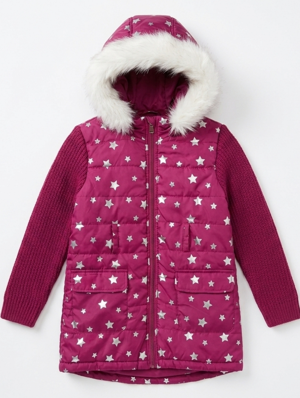 Kids - Red and Pink Puffer Jacket with Hood and Polka Dots
